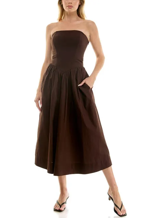 Mixed Media Strapless Midi Dress