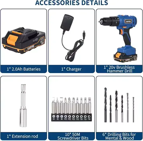 20V Cordless Hammer Drill Set 1/2" Keyless Chuck 20+1+1 Torque Settings 