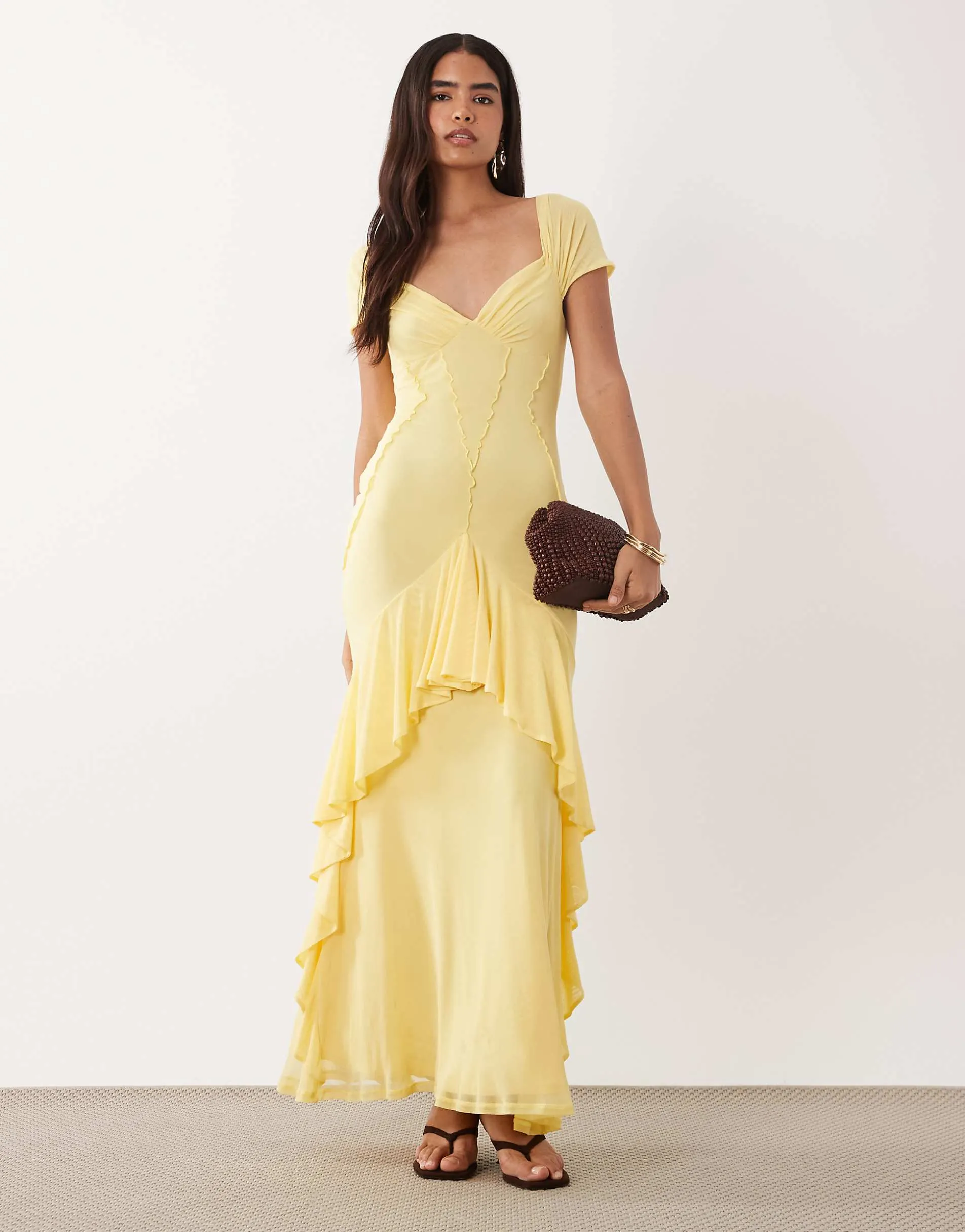ASOS DESIGN mesh ruffle maxi dress in lemon