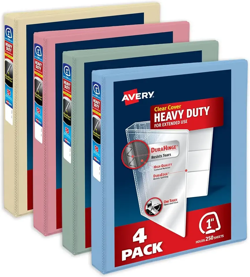 Avery Heavy-Duty View 3 Ring Binders, 1", 4 Assorted Pastel Binders | For Heavy School, Home and Office Use, DuraHinge Tear-Resistant Spine, DuraEdge Split-Resistant Sides, Interior Pockets