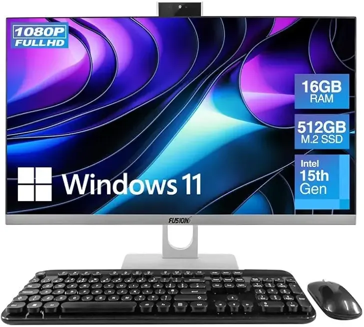 23.8" Full HD All in One PC Desktop Computer (Dec 2025 Release) - 16GB RAM, 512GB SSD, Windows 11, Intel 15th Gen Quad-Core CPU, HDMI, USB 3.0 - AIO PC with Wireless Keyboard, Mouse, 3MP Web Camera