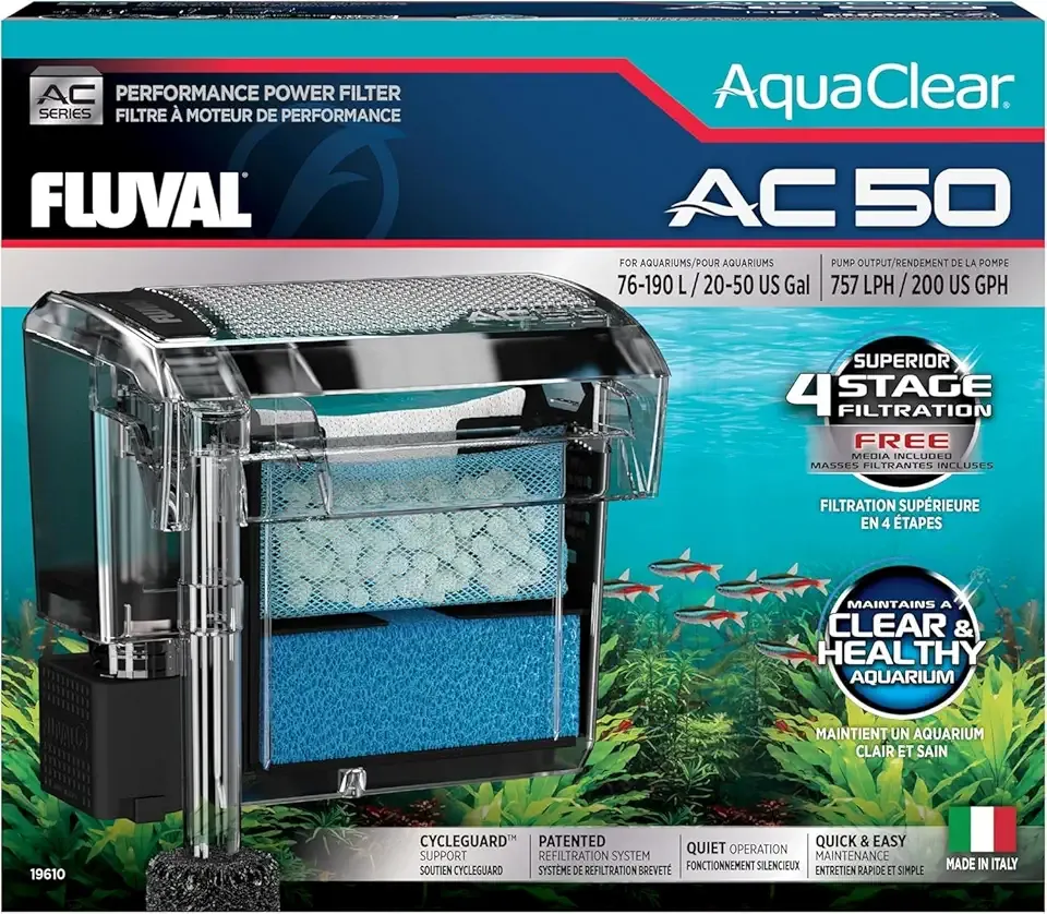 Fluval 50 Power Filter – Aquarium Filter for 20 to 50 Gallon Fish Tanks – Quiet Energy Efficient Pump – Mechanical, Chemical & Biological Filtration – Easy Install & Maintenance (Packaging May Vary)