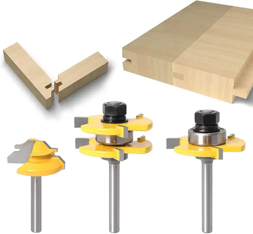 WICHEMI 3PCS Tongue and Groove Set 1/4 Shank Router Bits + 45° Lock Miter Router Bit, Wood Milling Cutter Woodworking Grooving Tool Kit for Router Table/Base Router/Kitchen/Bathroom