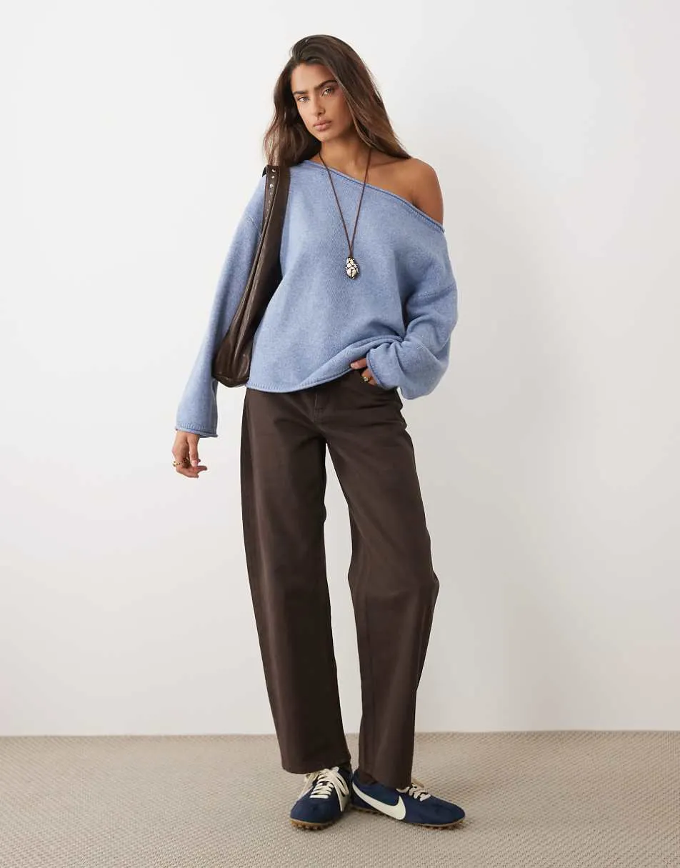 ASOS DESIGN slouchy off the shoulder jumper with wool in blue