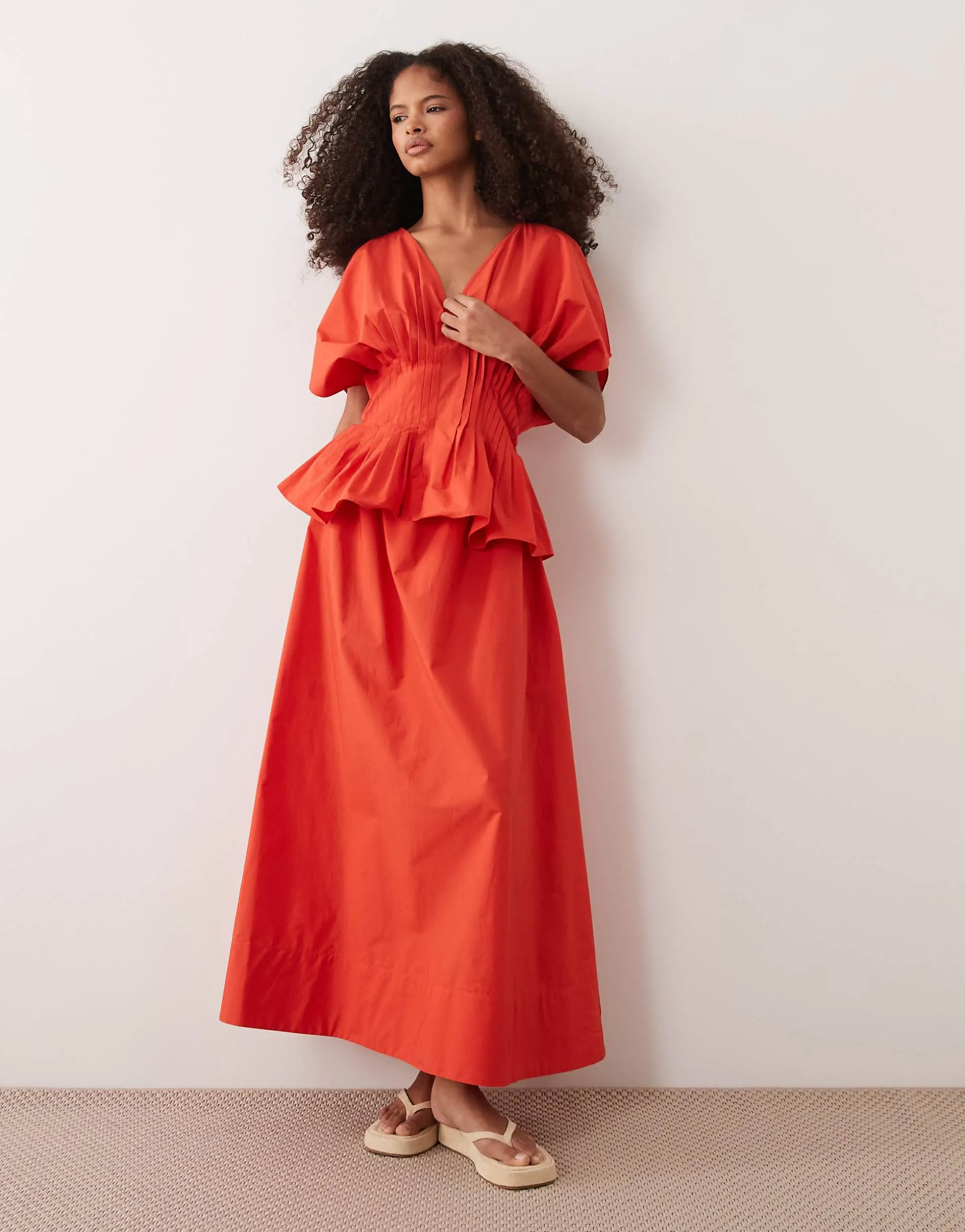 ASOS DESIGN v neck nipped waist peplum maxi dress in red