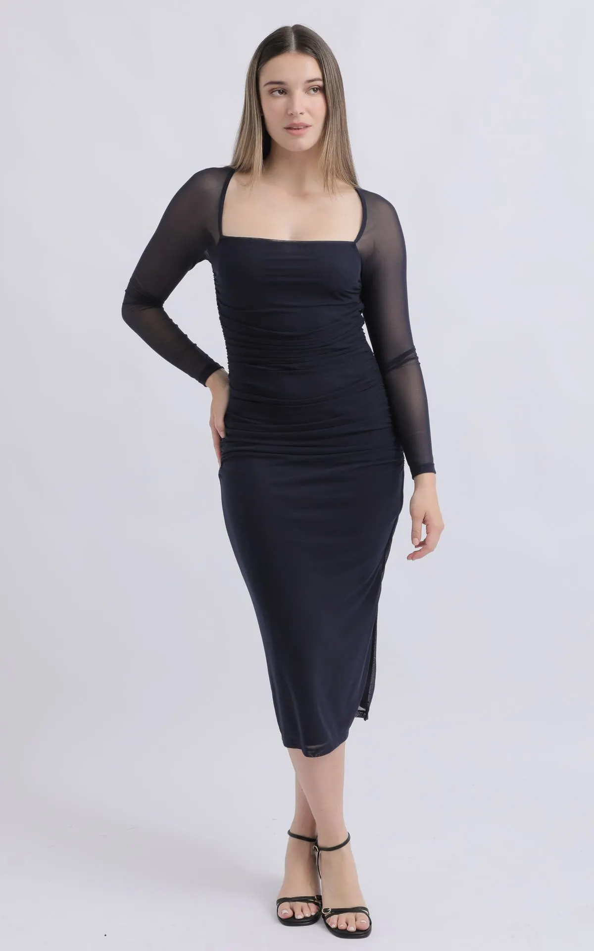 Mesh Ruched LS Midi Dress
