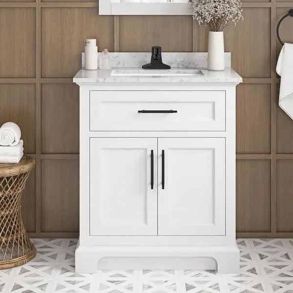 Home Decorators Collection Doveton 30 in. Single Sink Freestanding White Bath Vanity with White Engineered Marble Top (Assembled)