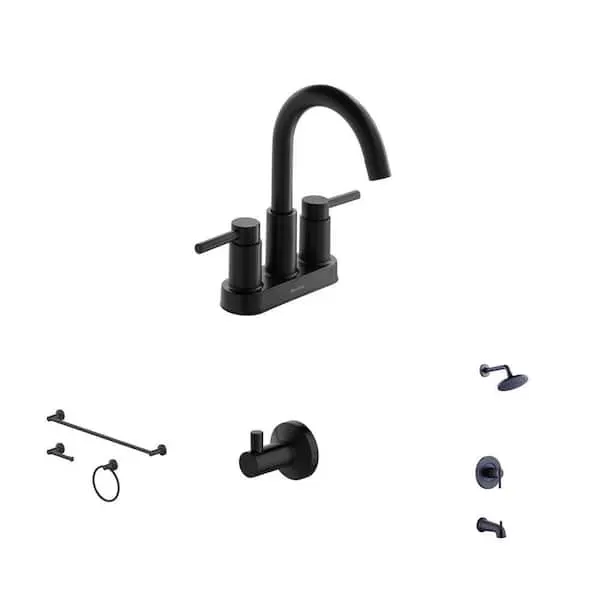 Glacier Bay Dorind Matte Black Bathroom Faucet, 3-​Piece Hardware Set, Robe Hook, and Tub/​Shower Faucet Combo