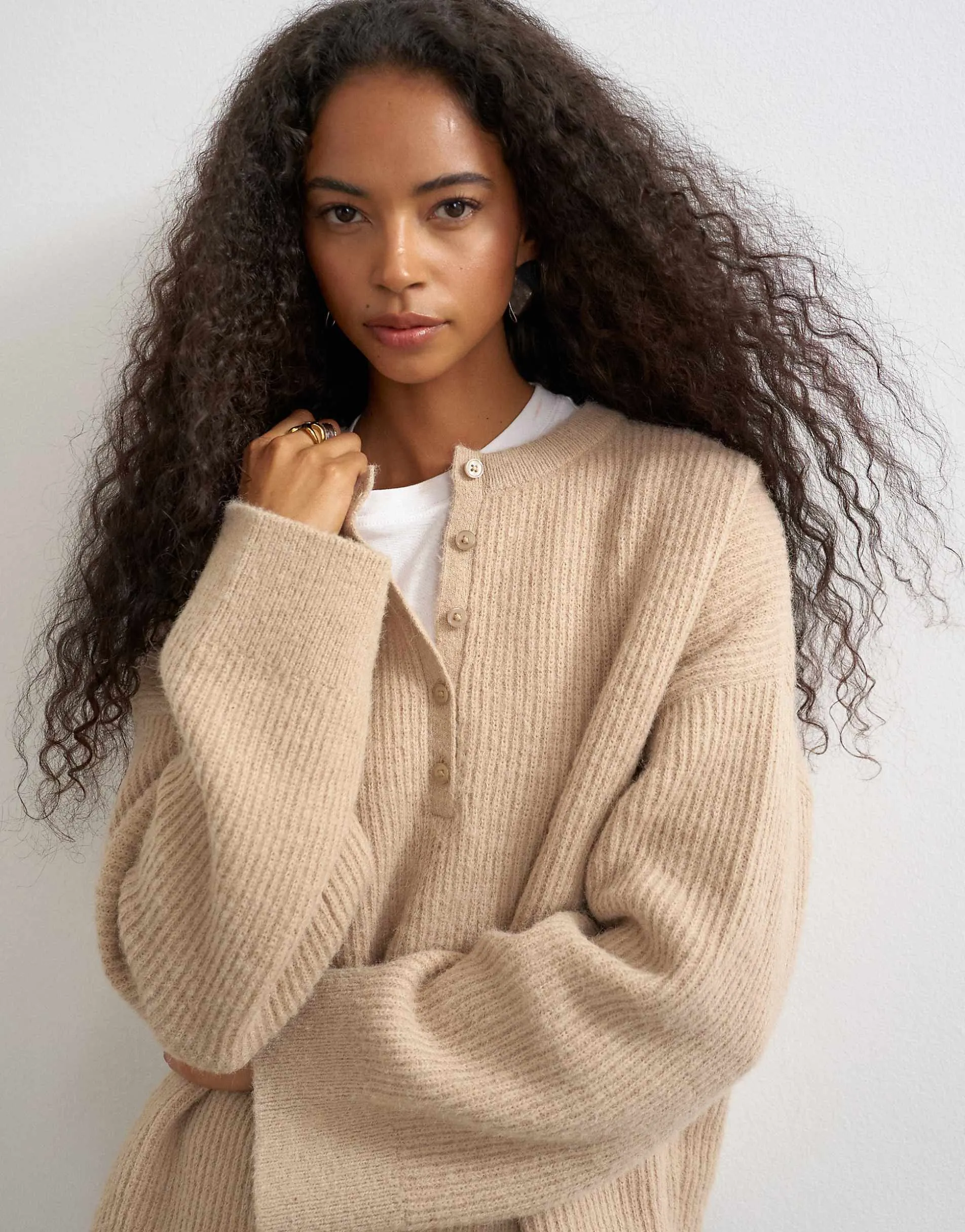 Topshop knitted easy Henley jumper in oat