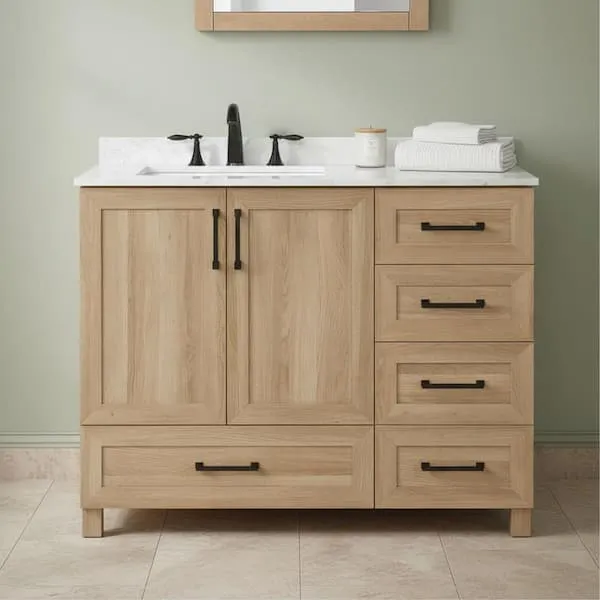 Glacier Bay Tobana 42 in. Single Sink Freestanding Weathered Tan Bath Vanity with White Engineered Marble Top (Assembled)