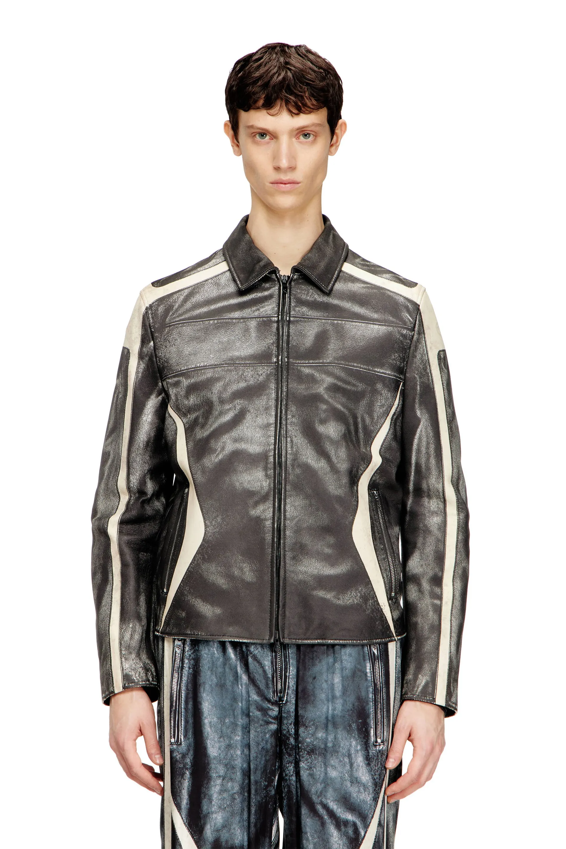 Leather coach jacket with biker print