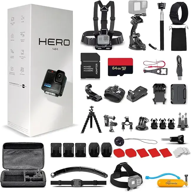 Hero (Go Pro Hero) Black Compact - Waterproof Action Camera with 4K Ultra HD Video, 12MP Photos, Stabilization + 50-in-1 Accessory Kit + 64GB Card + More