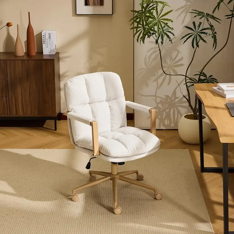 Comfy Linen Office Desk Chair with Wheels & Detachable Cushions & Wood-Like Armrests,Swivel Small Computer Task Chair,Adjustable for Girl Makeup Vanity,Teen/Kids Study,Nail Tech,Sewing,White