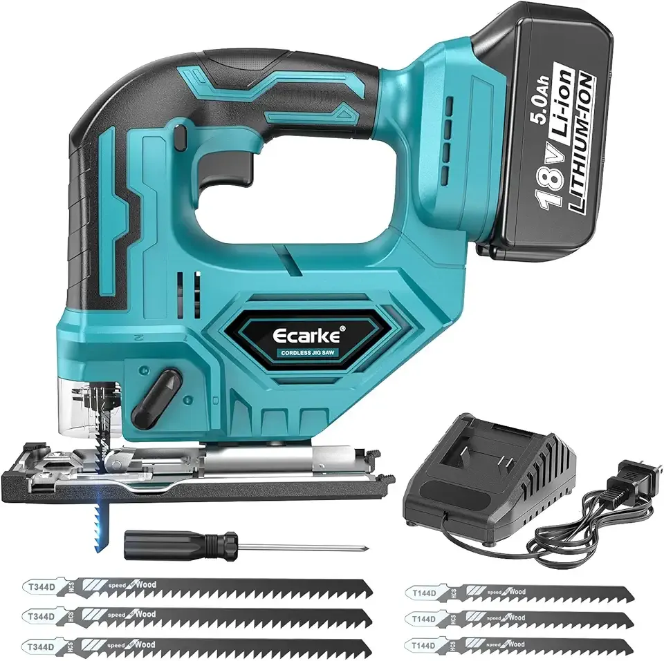 JigSaw Compatible With Makita 18V, Brushless Cordless jigsaw tool with Variable Speed LED Light, ±45° Bevel Cuts 3-Position Orbital Action for Cutting (With 5Ah Battery & Charger Station Kit)