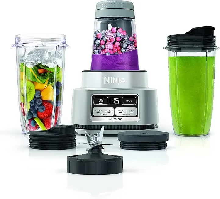 Foodi Blender | Personal Smoothie Maker, Mixer | Includes Hybrid Blades, (2) 24 oz. To-Go Cups with Lids, (1) 14 oz. Smoothie Bowl Maker with Storage Lid | Silver | 1200 Peak Watt | SS101