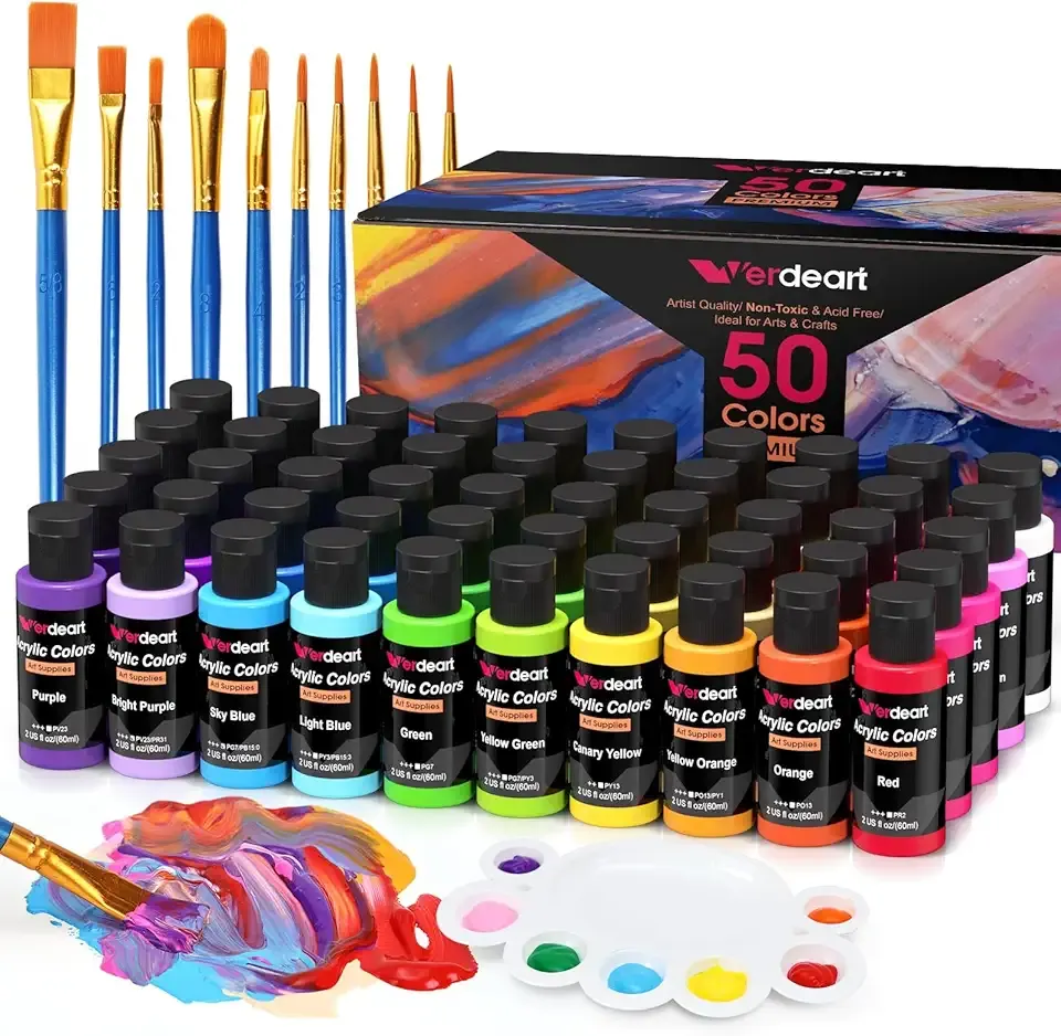 Acrylic Paint Set - 50 Colors 2 oz/59 ml Acrylic Paints for Professional Artists with 10 Brushes , Art Supplies for Painting Canvas Rock Wood Ceramic Glass Art Craft Painting, Rich Pigments Lasting Quality for Beginners, Students & Professional Artist