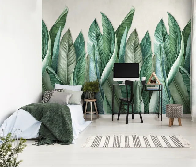 Mural Naturaleza hojas verde de 159 x 280 cm. Vinilo liso. Lavable. Material de la base: No tejido y método de pegado: Pegamento en la pared. Saint Honore
