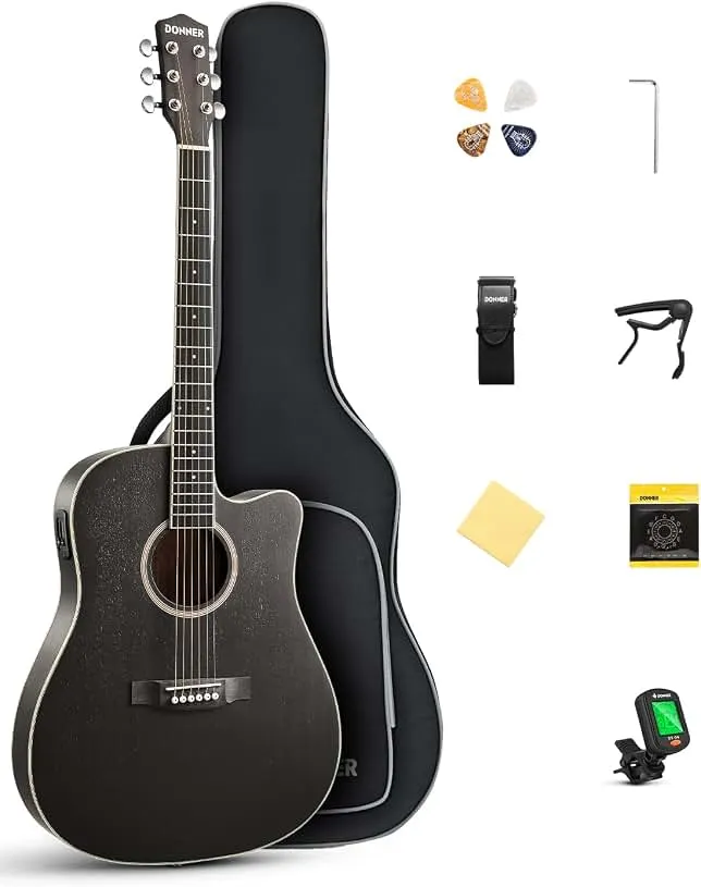Donner 41'' Acoustic Electric Guitar Kit for Beginners Adults, Full Size Cutaway Acoustic Guitar with Built in Pickups, Capo, Picks, Tuner, String…