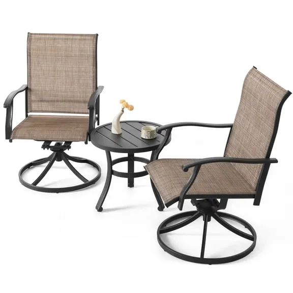 Nuu Garden 3 Piece Patio Bistro Set, Textilene Swivel Patio Chairs and Iron Table All-Weather Outdoor Furniture Set for Lawn, Backyard, Balcony, Brown