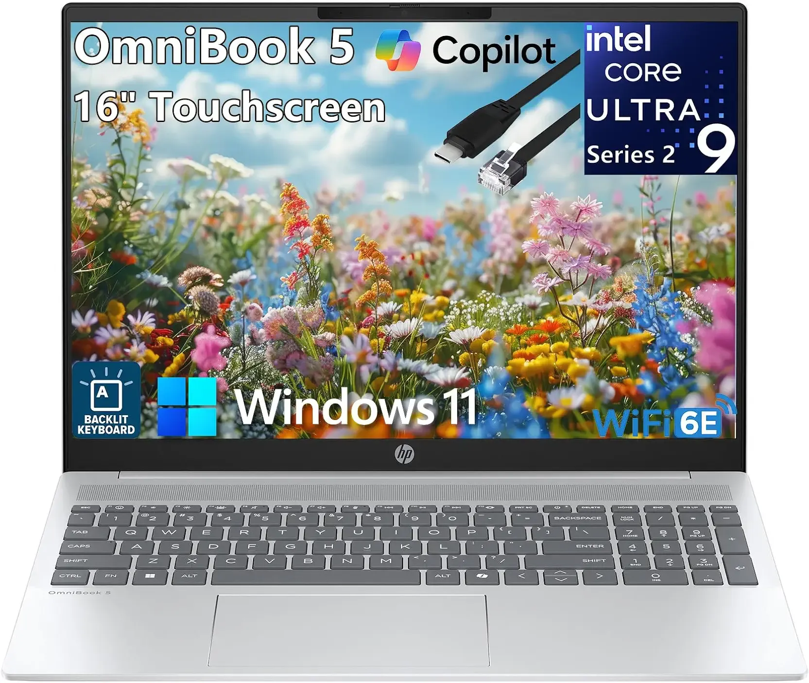 HP OmniBook 5 AI PC Touchscreen Laptop, Intel Ultra 9 285H, 32GB LPDDR5X RAM, 1TB NVMe SSD, 16” IPS, Intel Arc 140T, WiFi 6E, Backlit Keyboard, Windows 11 Home, Copilot+ Ready, Type C RJ45 Cable
