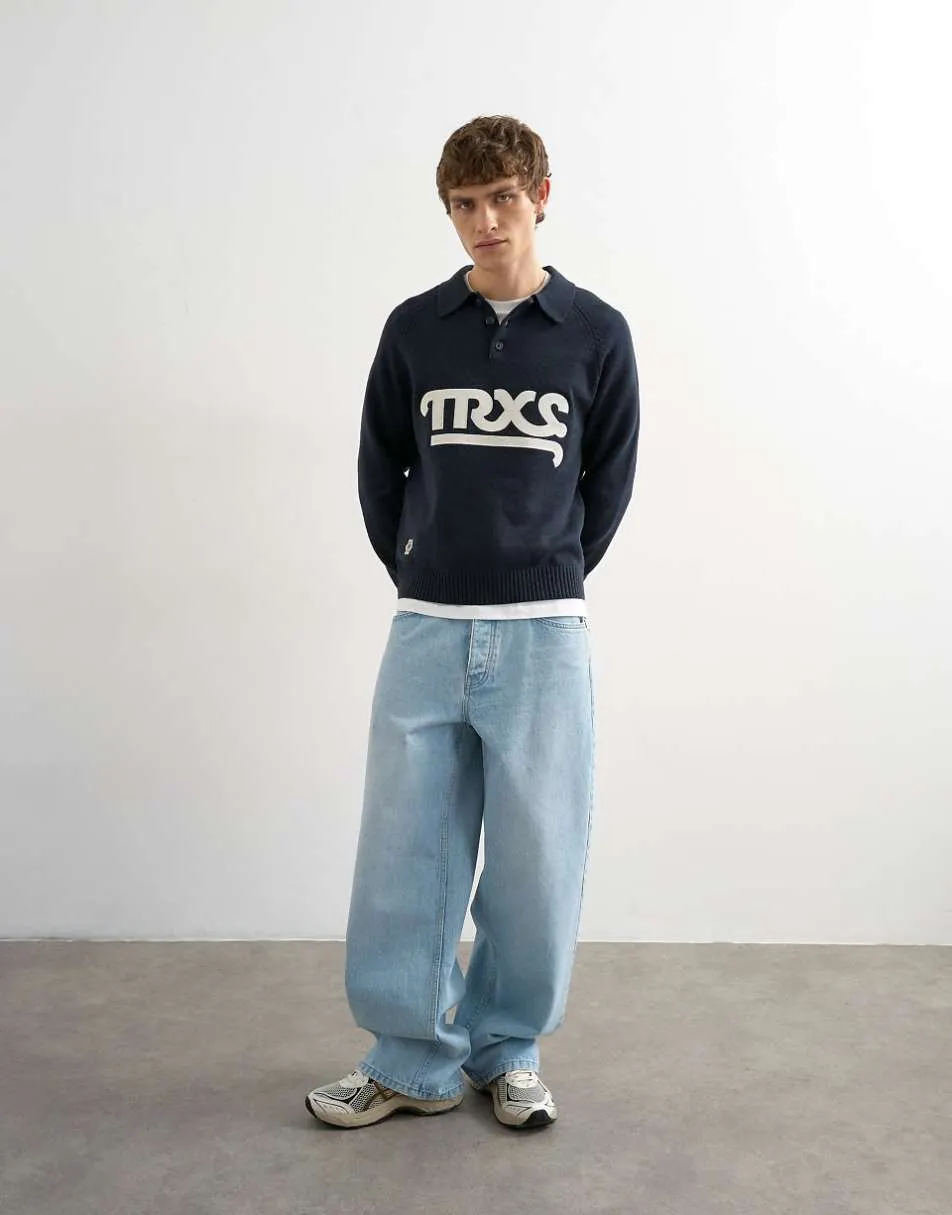 Topman classic fit knitted rugby polo with applique text in navy