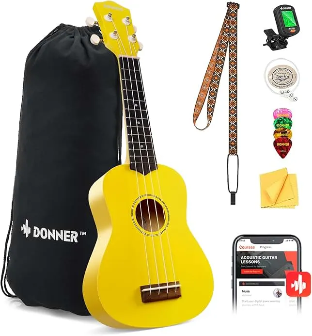 Donner Soprano Ukulele for Beginner 21 Inch Matte Ukulele Beginner Kit with Bag Strap Tuner Strings Picks Cloth, Free Online Lessons, Holiday Christmas & Birthday Gift (Yellow)