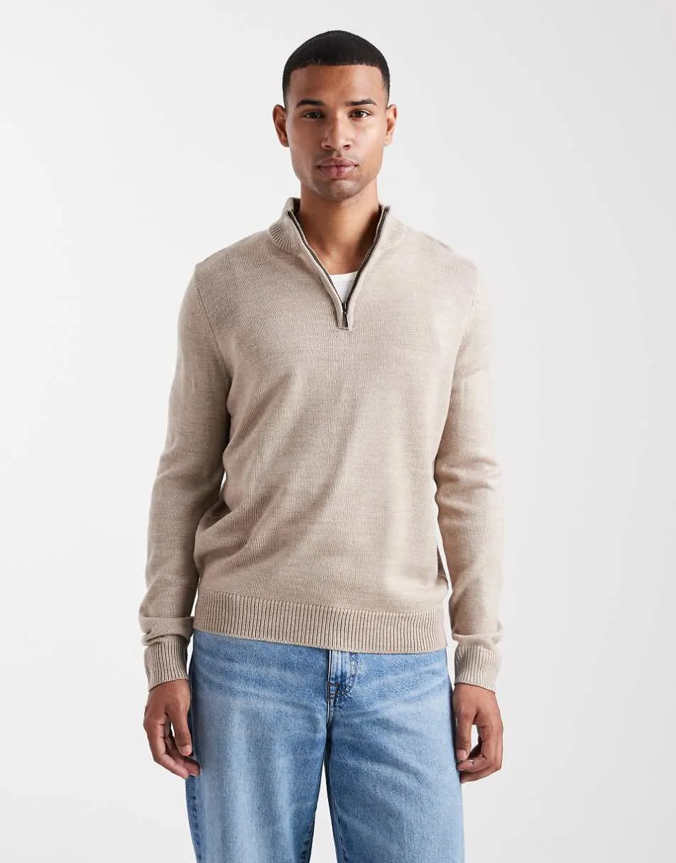 Brave Soul knit quarter zip jumper in beige