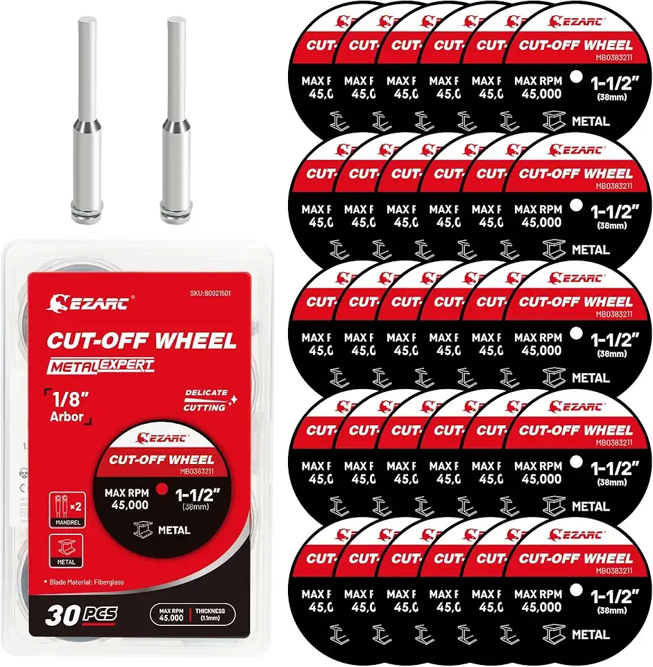 EZARC 1-1/2 Cut Off Wheels, 1.5" x 1/8" Fiberglass Reinforced Rotary Tool Cutting Disc Accessories Include Mandrels, 32-Pack