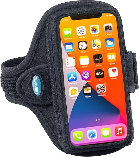 Tune Belt AB91 Running Armband for iPhone 16/15/14/13/12, 11-16 Pro, 16e, Galaxy S24/S23 – Sweat-Resistant, Stable, Comfortable, Phone Holder with Adjustable Band for Jogging & Workouts (Black)
