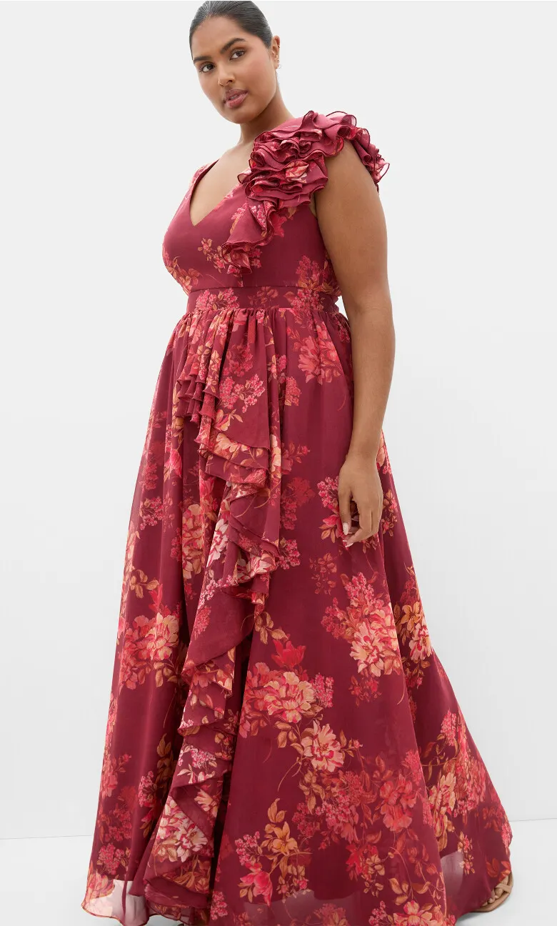 Mystique Print Ruffle Maxi Dress - rust
