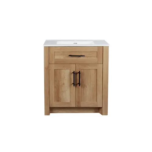 Home Decorators Collection Farley 30 inch Vanity Combo in Natural Wood 2-Doors 1-Drawer with Thin Ceramic Top in White
