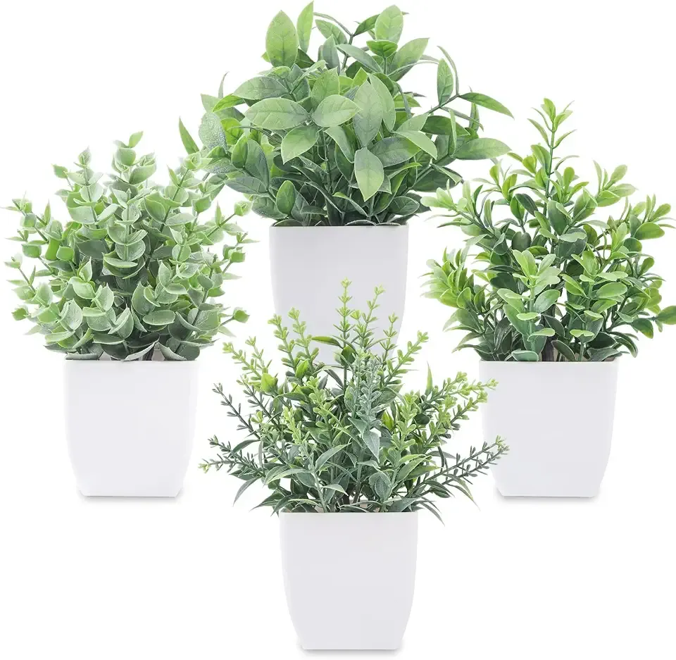 Der Rose 4 Pack 7" Mini Fake Plants, Artificial Plants for Bathroom Decor | Frosted eucalyptus look, easy-care artificial greenery, for desk shelf windowsill office tabletop dorm and classroom decor