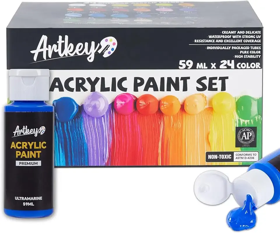 Artkey Acrylic Paint Set, 24 Colors 2 oz/59 ml Acrylic Paint Kit for Professional Artists & Beginners – Craft & Art Supplies for Canvas, Wood, Fabric, Rock, Leather, Ceramic, Glass, Easter Egg