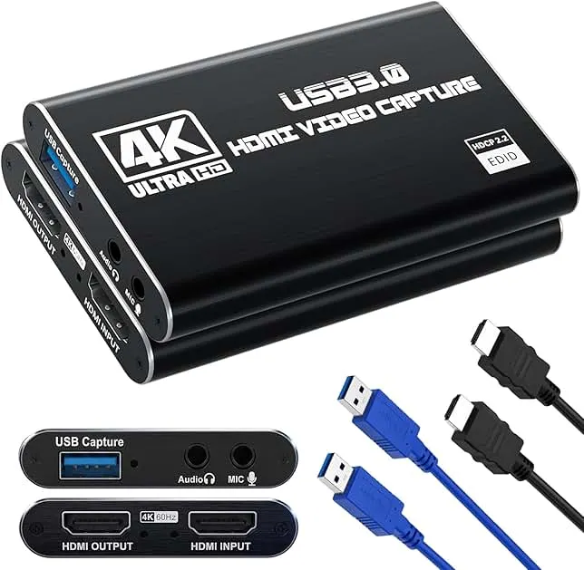 Guermok USB 3.0 HDMI Capture Card, 1080P 60FPS & 2K30 Video Capture Device with 4K HDMI Pass-Through, Mic Input & Audio Output f…