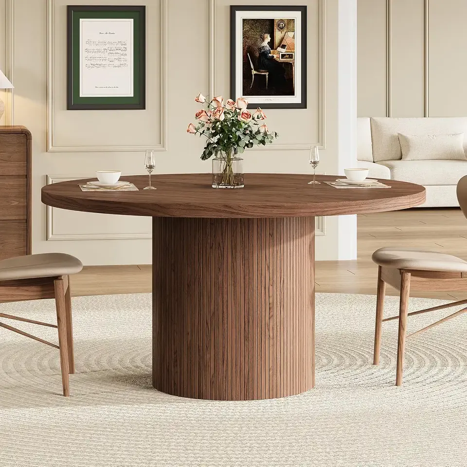 ComfyCorner 47" Round Dining Table, Circle Fluted Kitchen Table Only Walnut | for 4-6 People, Rustic Wood Pedestal Base, Mid-Century Dining Room Furniture, Space Saving Big Dinner Table for Family Party