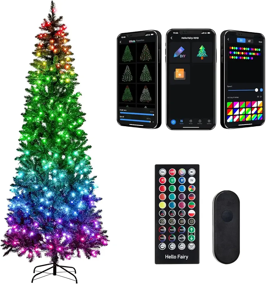 7.5FT Prelit Christmas Tree with 350 LED Lights, App Controlled Artificial Christmas Tree with Multi-Color RGB Lights & Music Sync, Slim Pencil Christmas Tree for Home Christmas Decorations