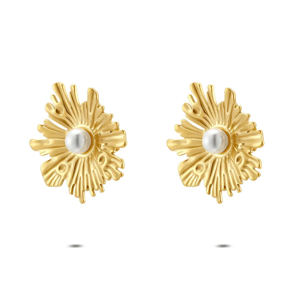 Oorbel in edelstaal, met parel en golvend ontwerp