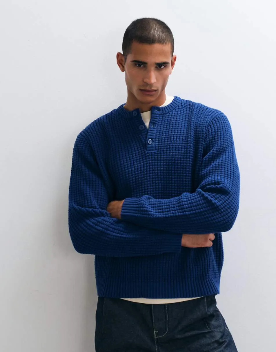 ASOS DESIGN relaxed textured waffle henley in blue