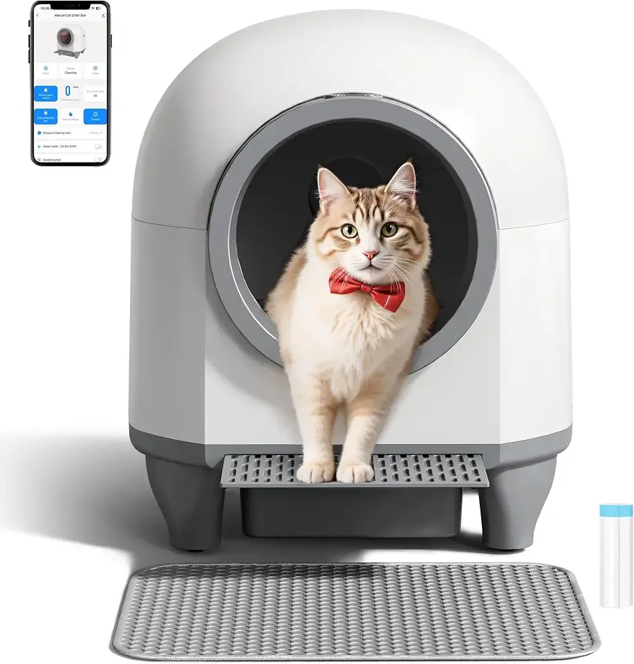 WARCAT Self-Cleaning Litter Box – 90L, APP, Sensors, Gray | 90L large capacity for multiple cats. APP-controlled with smart sensors. Safety protection. Includes mat & 1 garbage bag.