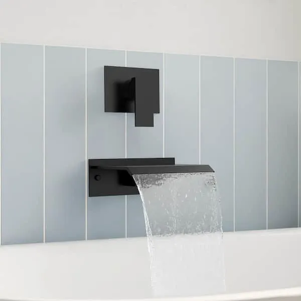 GRANDJOY Wide Waterfall 8 in.​ Wall-​Mount 1-​Spray Roman Tub Faucet Shower Bathtub Filler 2.​8 GPM in Matte Black Valve Included