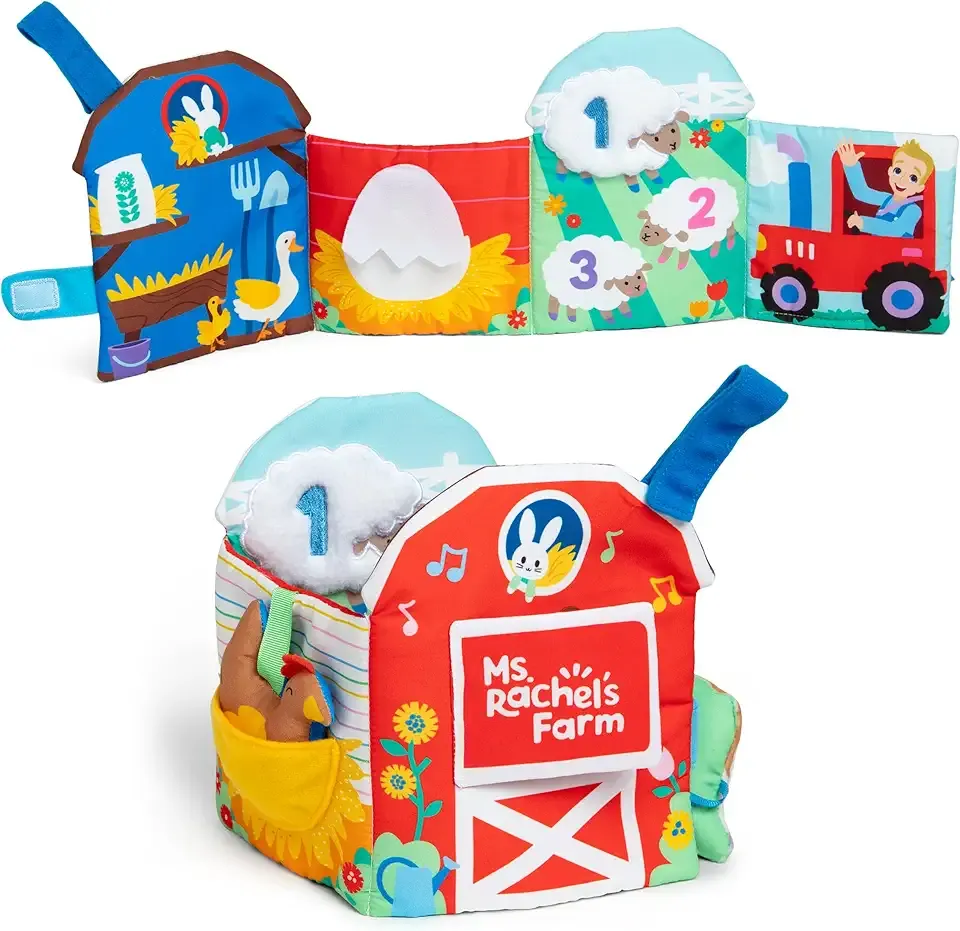 Ms. Rachel Official Sensory Learning Farm, Foldable Soft Baby Book with Plush Cow, Infant Educational Toys for Babies Ages 3 Months to 18 Months