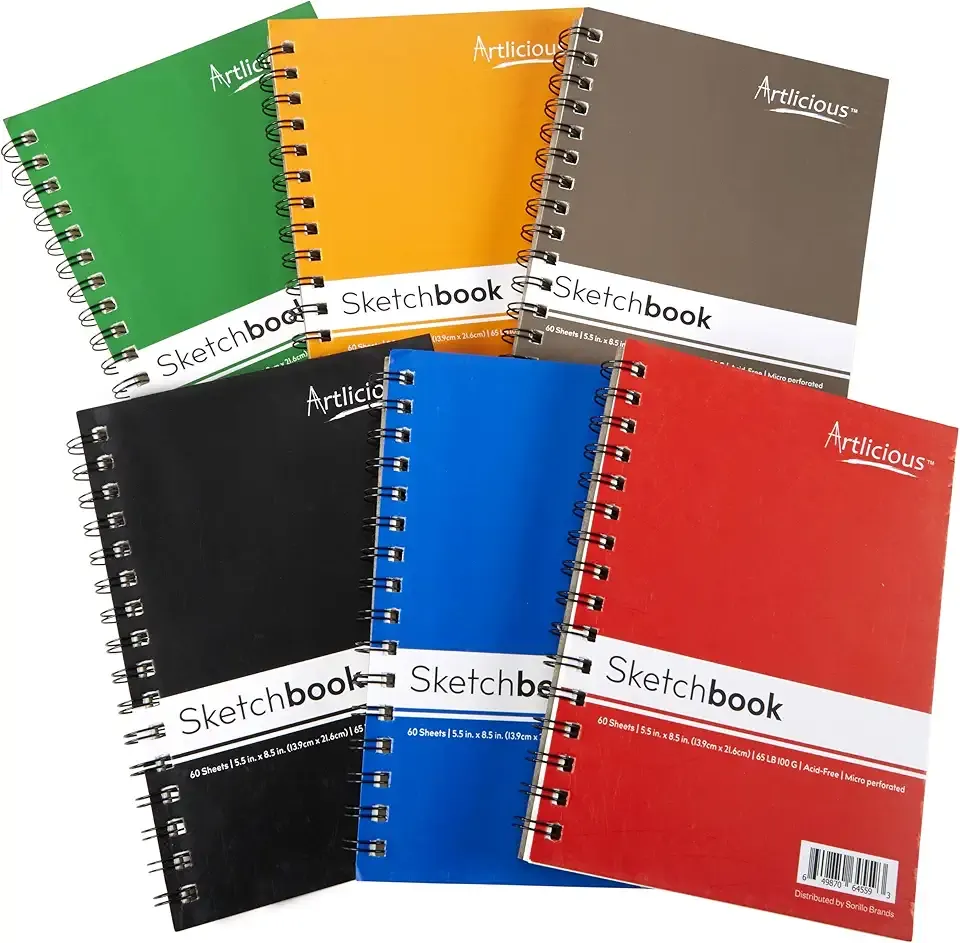 Artlicious Sketch Book 6 Pack - 5.5" x 8.5" - Small Spiral Sketch Books - Drawing Notebook - Sketchbook for Drawing Art - 6 Pack 360 Sheets White Paper