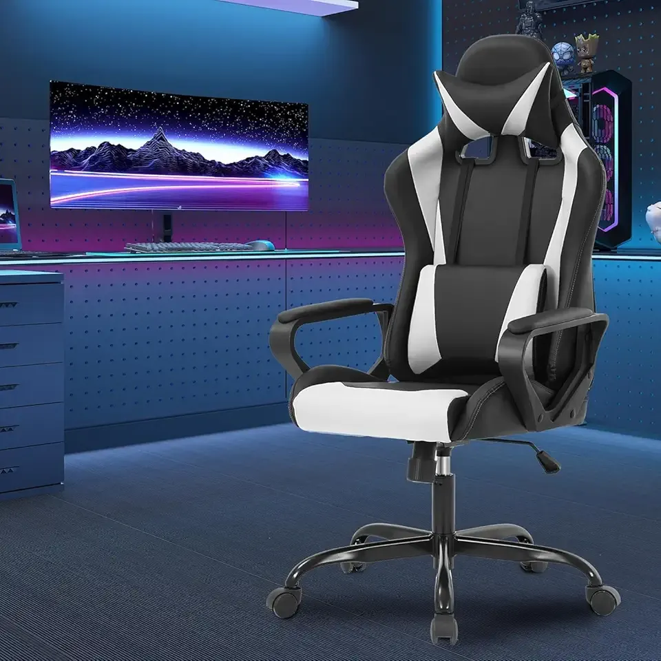 Gaming Computer Office High Back Desk Executive PU Leather Rolling Task Ergonomic Adjustable Swivel Chair With Lumbar Support and Headrest, White