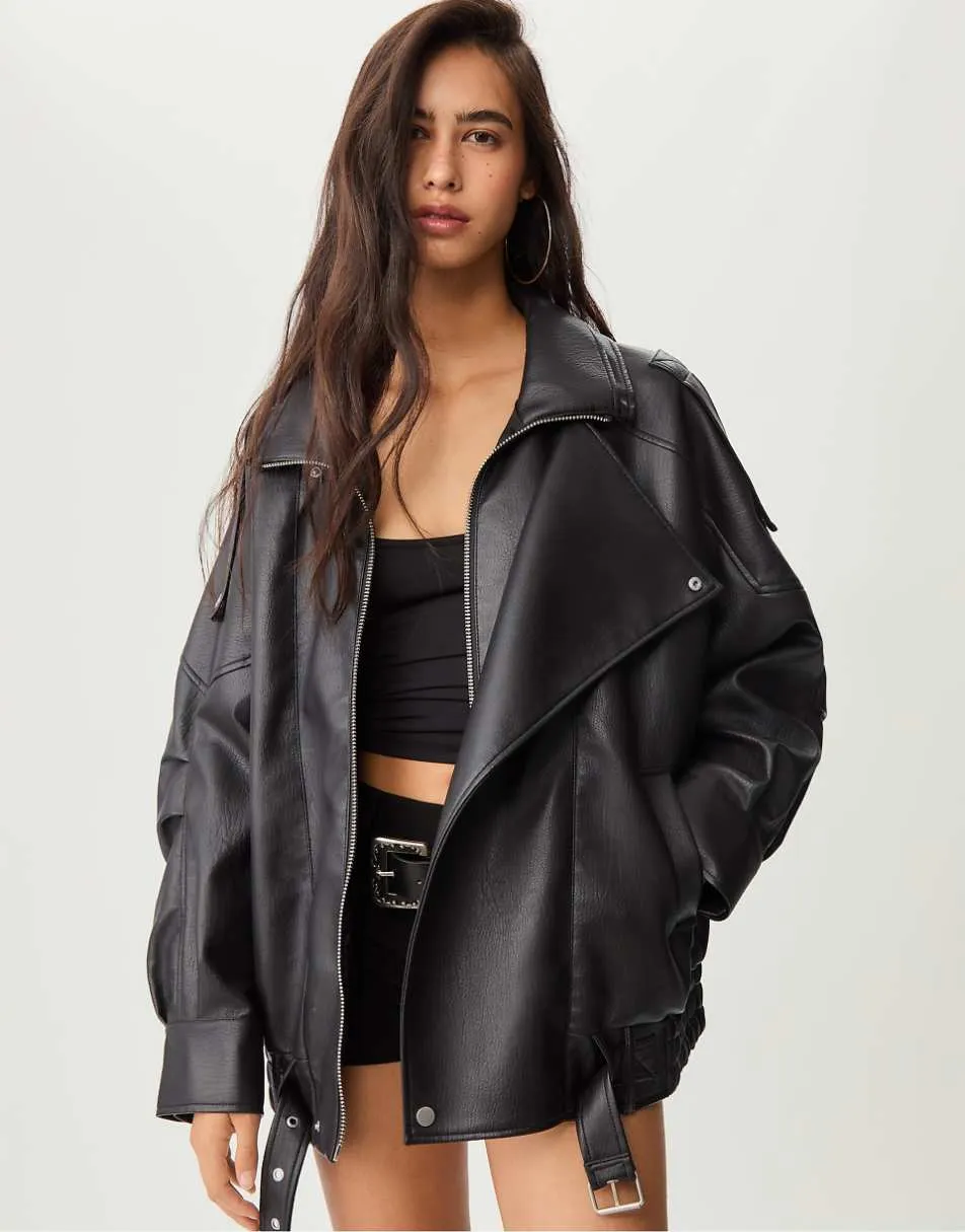 Stradivarius Oversize leather effect jacket with collar in black