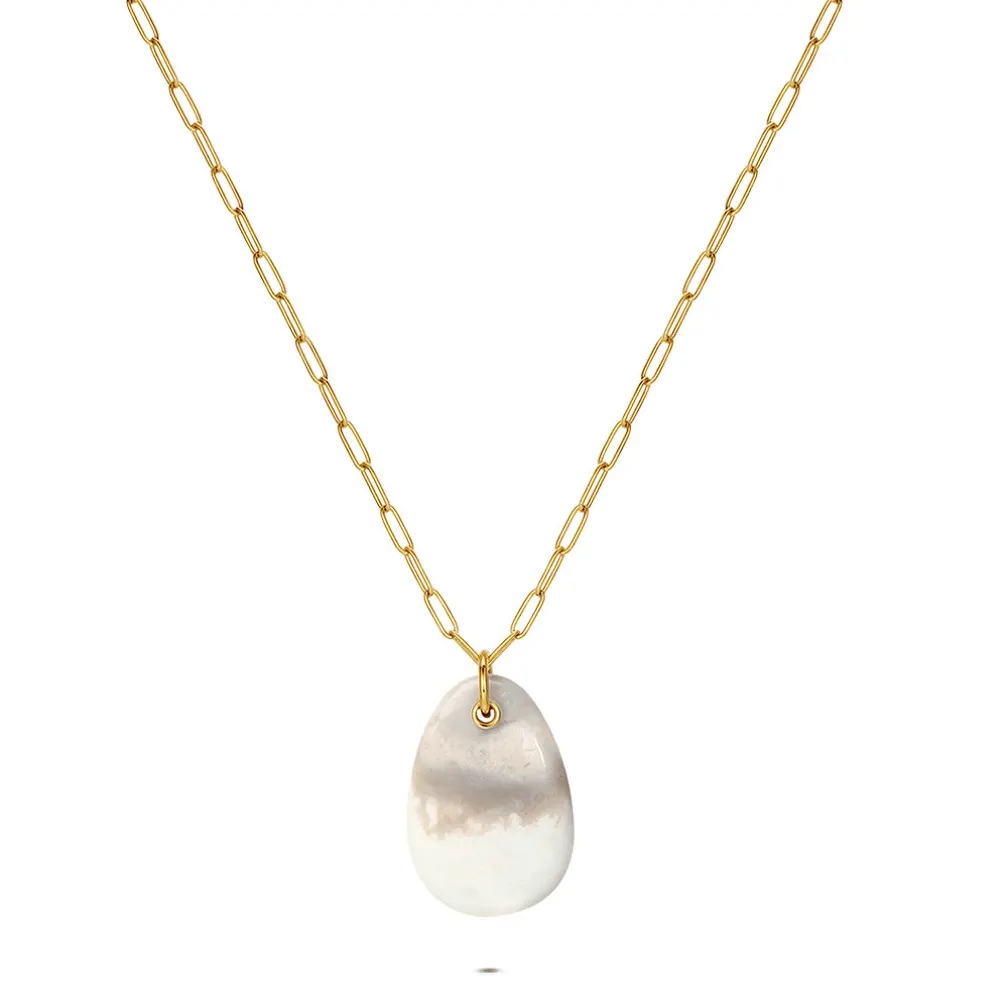 Halsketting in edelstaal, ovaal natuursteen