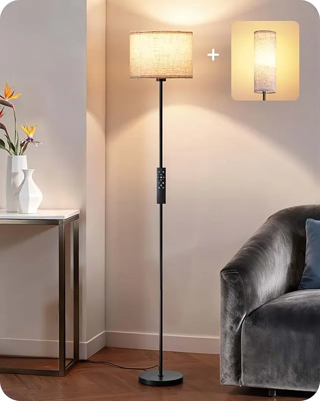 EDISHINE Dual Shades Floor Lamps for Living Room with Foot Switch, 63.7" Modern Standing Lamp with Remote Control, Stepless Dimmable Minimalist Lamps for Bedroom, Office, (9W Bulb Included), Black