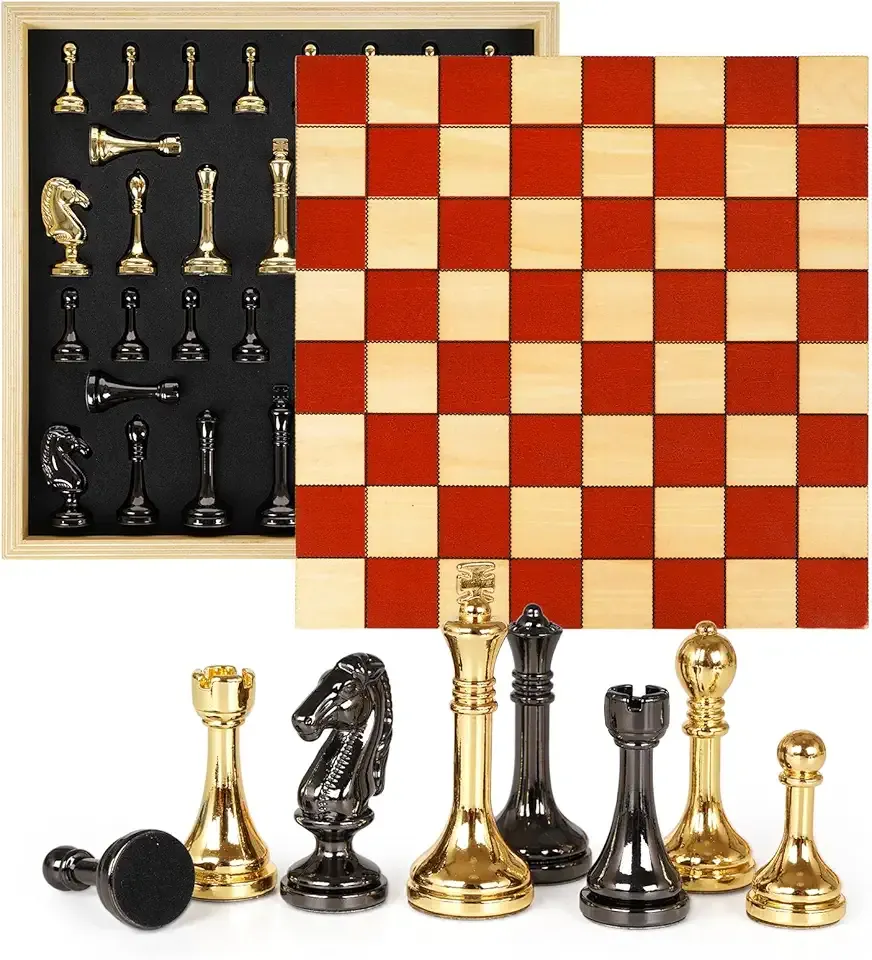 Metal Chess Set for Adults & Kids with Metal Chess Pieces –Wooden Chess Board Game with Portable Storage Case, Classic Strategy Family Board Game Gift Travel Chess Set