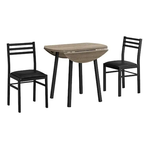 Dining Table Set, 3pcs Set, Small, 35" Drop Leaf, Kitchen, Metal, Laminate, Brown, Black