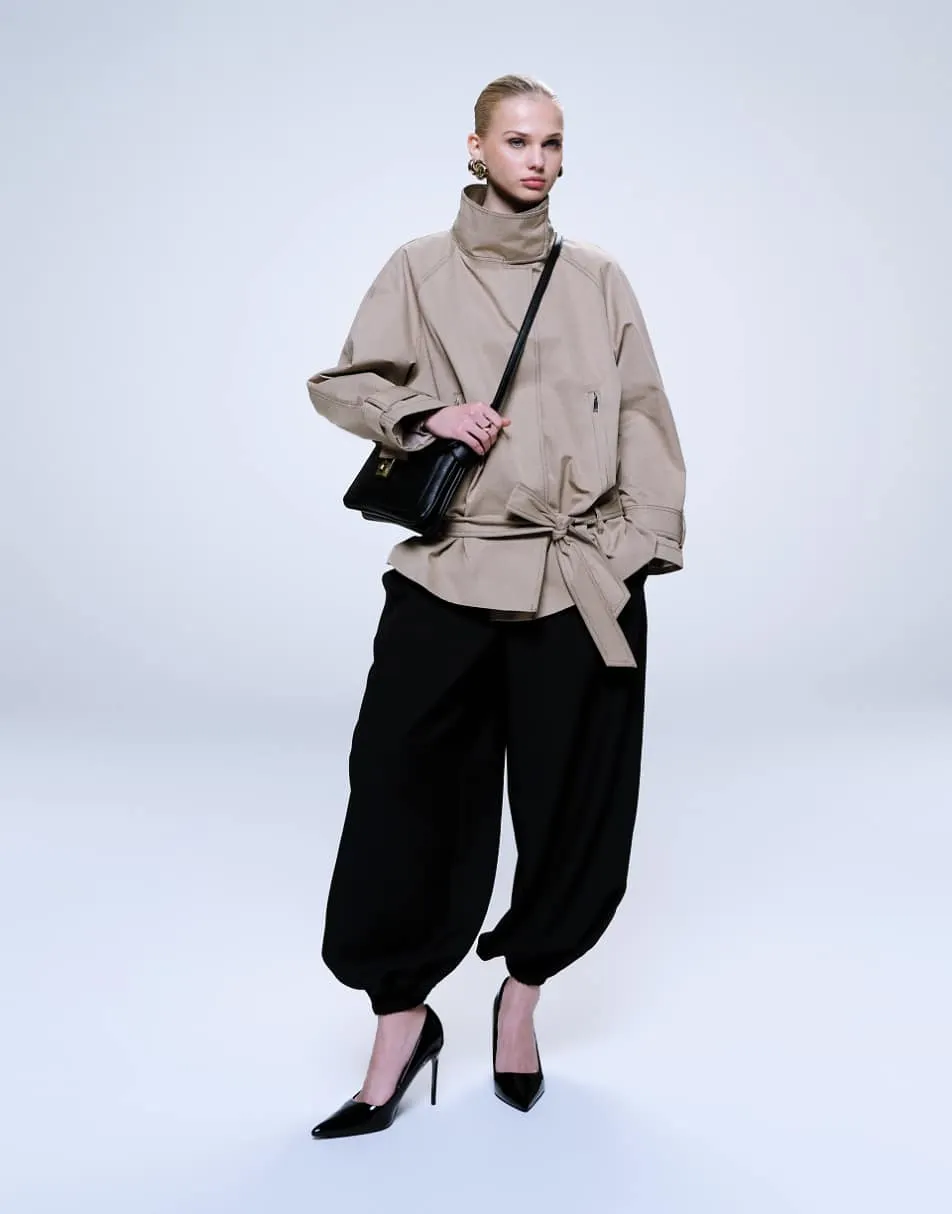 ASOS DESIGN drop belt mid length trench coat in stone