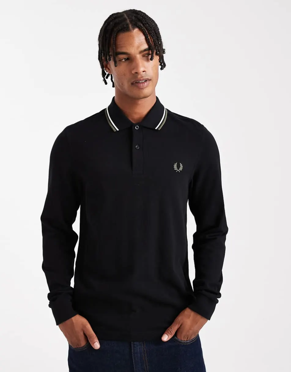Fred Perry long sleeve tipped polo shirt in black
